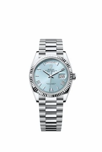 Rolex Day-Date 36 Platinum - Fluted / Ice Blue - Roman / President 128236-0018 (M128236-0018)